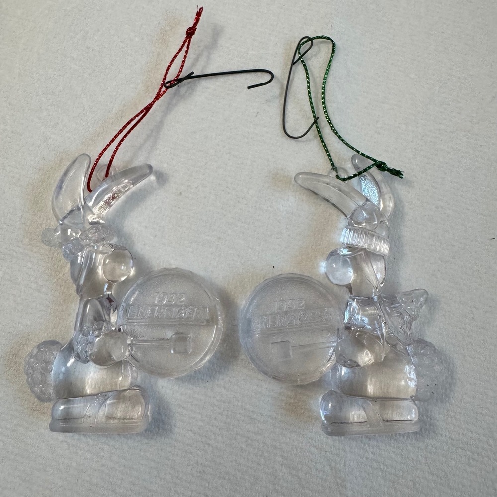 Vintage 1992 Energizer Bunny Acrylic Christmas Ornaments Set of 2 Clear Plastic